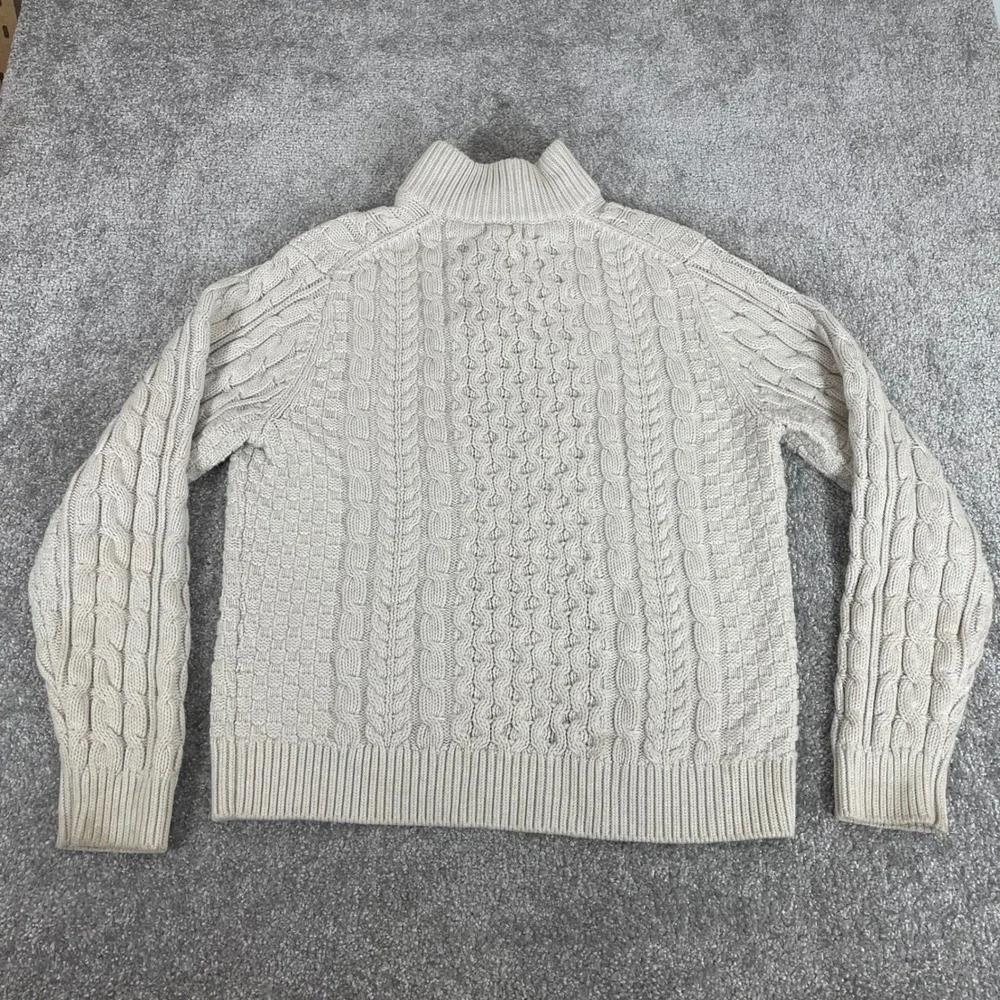 LL Bean Sweater Mens Medium Fisherman Cable Knit Cream Knot Button Mock Neck